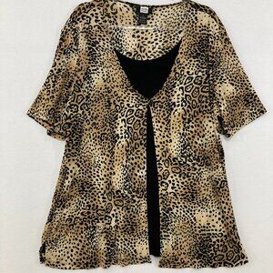 Studio 1940 size 2X Black Brown Leopard Print Layered Stretch Knit Blouse Comfy